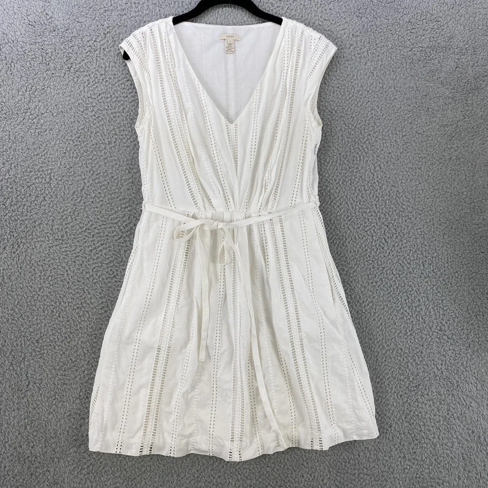 J.Crew‎ Dress Womens 2 White Eyelet Lace V-Neck Belted Lined Cotton Summer S5063
